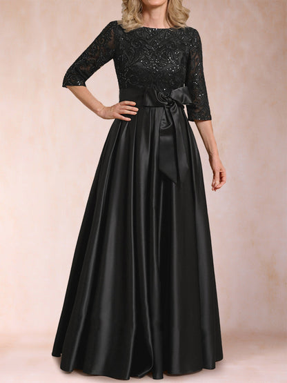 Robe de Mère de la Mariée En Satin à Manches Mi-Longues et Coupe Princesse avec Appliques et Nœud