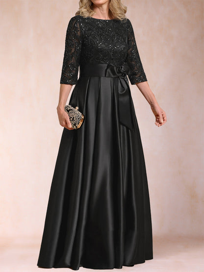 Robe de Mère de la Mariée En Satin à Manches Mi-Longues et Coupe Princesse avec Appliques et Nœud