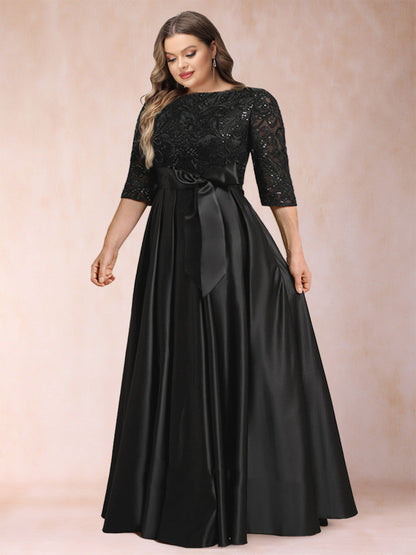Robe de Mère de la Mariée Grande Taille, Coupe A-Line/Princesse, Manches Mi-Longues avec Appliques et Nœud