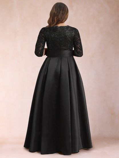 Robe de Mère de la Mariée Grande Taille, Coupe A-Line/Princesse, Manches Mi-Longues avec Appliques et Nœud