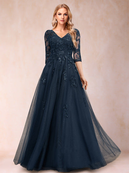 Robe de Mère de la Mariée En Tulle à Manches 3/4 et Col En V Coupe A-Line/Princess avec Appliques et Paillettes