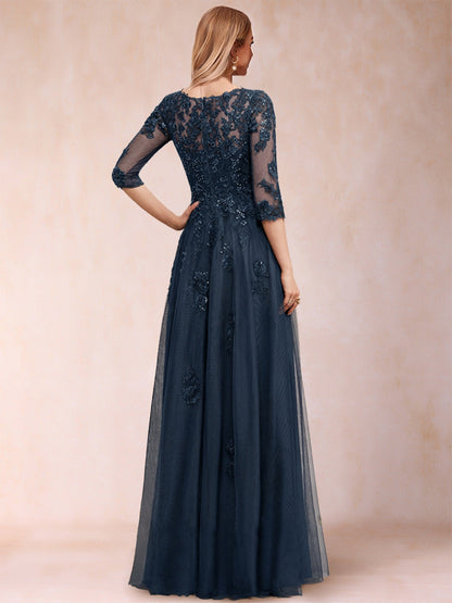 Robe de Mère de la Mariée En Tulle à Manches 3/4 et Col En V Coupe A-Line/Princess avec Appliques et Paillettes
