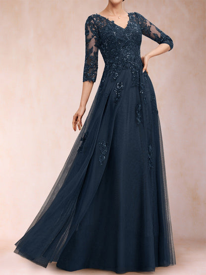 Robe de Mère de la Mariée En Tulle à Manches 3/4 et Col En V Coupe A-Line/Princess avec Appliques et Paillettes