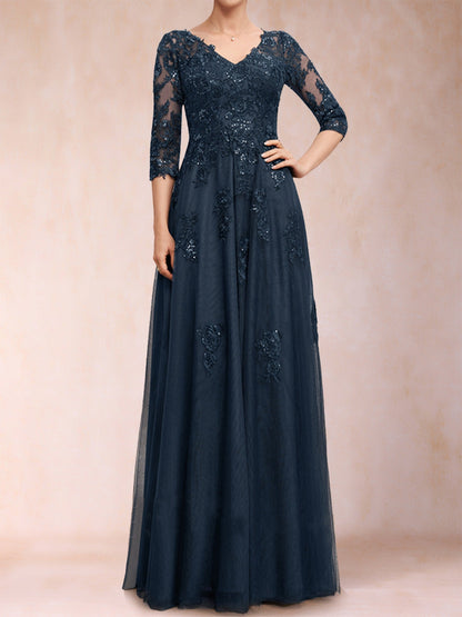 Robe de Mère de la Mariée En Tulle à Manches 3/4 et Col En V Coupe A-Line/Princess avec Appliques et Paillettes
