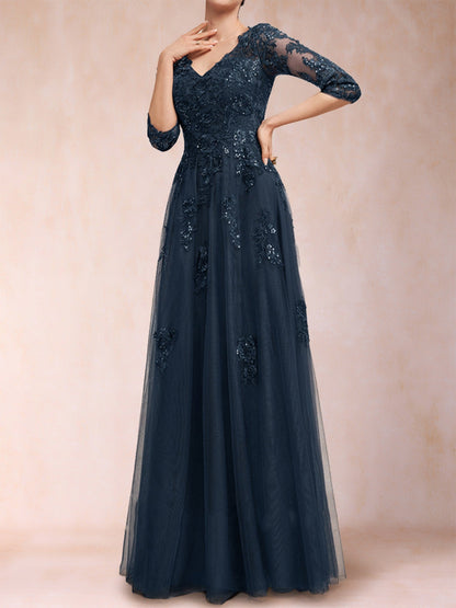 Robe de Mère de la Mariée En Tulle à Manches 3/4 et Col En V Coupe A-Line/Princess avec Appliques et Paillettes