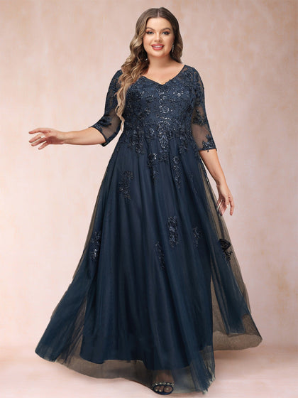 Robe de Mère de la Mariée Grande Taille Coupe A-Line/Princess Col En V Manches 3/4 avec Appliques et Paillettes