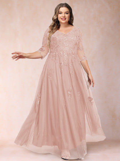 Robe de Mère de la Mariée Grande Taille Coupe A-Line/Princess Col En V Manches 3/4 avec Appliques et Paillettes