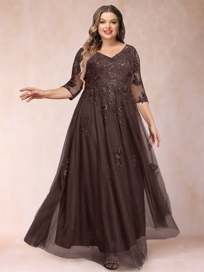 Robe de Mère de la Mariée Grande Taille Coupe A-Line/Princess Col En V Manches 3/4 avec Appliques et Paillettes