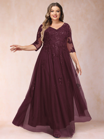 Robe de Mère de la Mariée Grande Taille Coupe A-Line/Princess Col En V Manches 3/4 avec Appliques et Paillettes