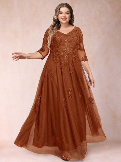 Robe de Mère de la Mariée Grande Taille Coupe A-Line/Princess Col En V Manches 3/4 avec Appliques et Paillettes