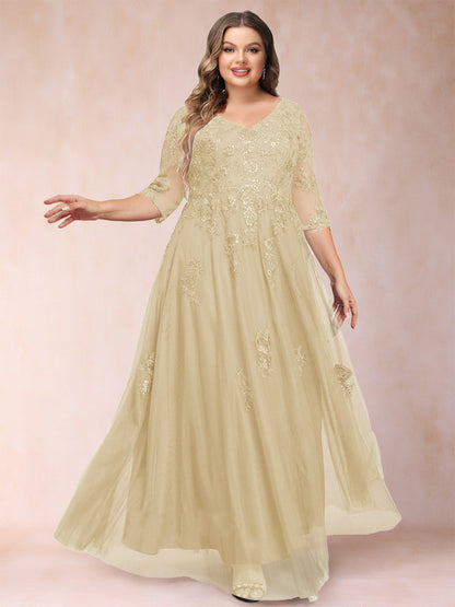 Robe de Mère de la Mariée Grande Taille Coupe A-Line/Princess Col En V Manches 3/4 avec Appliques et Paillettes