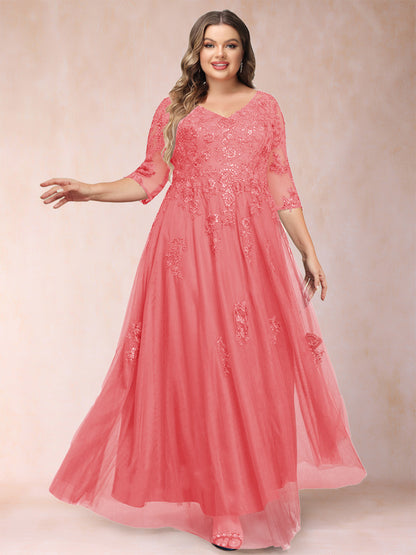 Robe de Mère de la Mariée Grande Taille Coupe A-Line/Princess Col En V Manches 3/4 avec Appliques et Paillettes