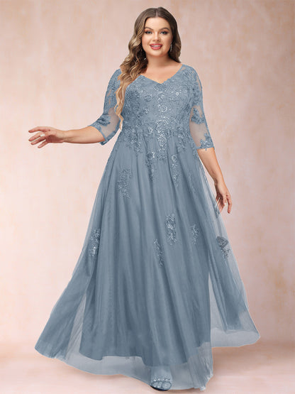 Robe de Mère de la Mariée Grande Taille Coupe A-Line/Princess Col En V Manches 3/4 avec Appliques et Paillettes