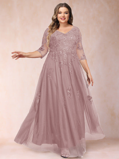Robe de Mère de la Mariée Grande Taille Coupe A-Line/Princess Col En V Manches 3/4 avec Appliques et Paillettes