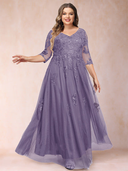 Robe de Mère de la Mariée Grande Taille Coupe A-Line/Princess Col En V Manches 3/4 avec Appliques et Paillettes
