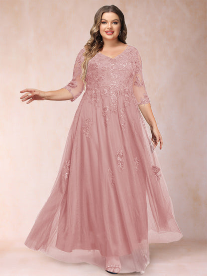 Robe de Mère de la Mariée Grande Taille Coupe A-Line/Princess Col En V Manches 3/4 avec Appliques et Paillettes