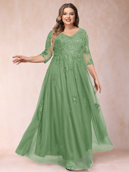 Robe de Mère de la Mariée Grande Taille Coupe A-Line/Princess Col En V Manches 3/4 avec Appliques et Paillettes