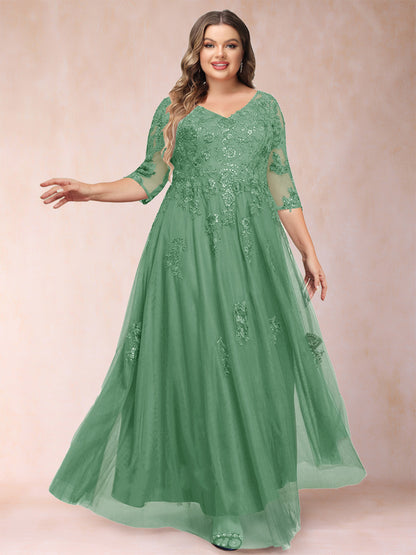 Robe de Mère de la Mariée Grande Taille Coupe A-Line/Princess Col En V Manches 3/4 avec Appliques et Paillettes