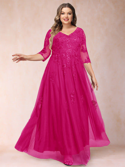 Robe de Mère de la Mariée Grande Taille Coupe A-Line/Princess Col En V Manches 3/4 avec Appliques et Paillettes
