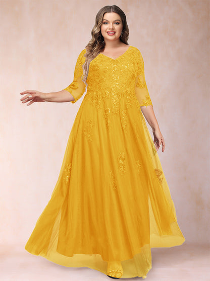 Robe de Mère de la Mariée Grande Taille Coupe A-Line/Princess Col En V Manches 3/4 avec Appliques et Paillettes
