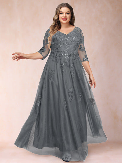 Robe de Mère de la Mariée Grande Taille Coupe A-Line/Princess Col En V Manches 3/4 avec Appliques et Paillettes