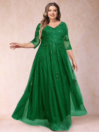 Robe de Mère de la Mariée Grande Taille Coupe A-Line/Princess Col En V Manches 3/4 avec Appliques et Paillettes