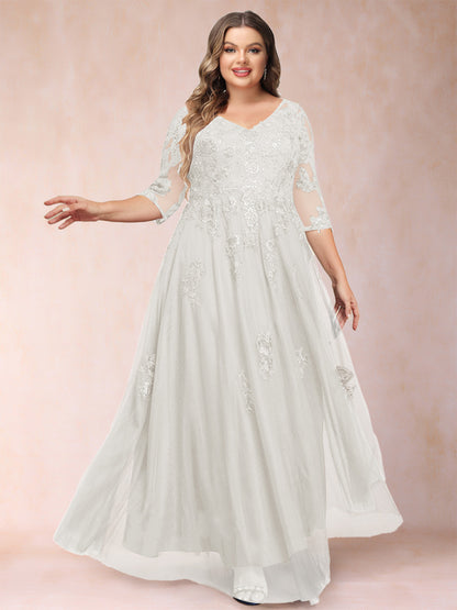 Robe de Mère de la Mariée Grande Taille Coupe A-Line/Princess Col En V Manches 3/4 avec Appliques et Paillettes