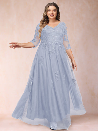 Robe de Mère de la Mariée Grande Taille Coupe A-Line/Princess Col En V Manches 3/4 avec Appliques et Paillettes