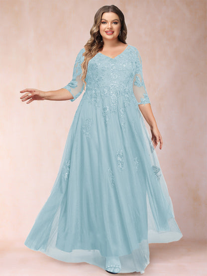 Robe de Mère de la Mariée Grande Taille Coupe A-Line/Princess Col En V Manches 3/4 avec Appliques et Paillettes