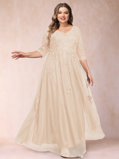 Robe de Mère de la Mariée Grande Taille Coupe A-Line/Princess Col En V Manches 3/4 avec Appliques et Paillettes