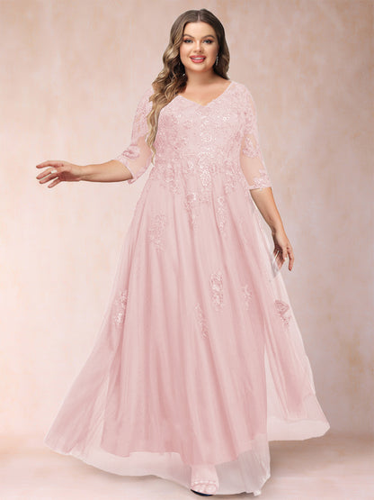 Robe de Mère de la Mariée Grande Taille Coupe A-Line/Princess Col En V Manches 3/4 avec Appliques et Paillettes
