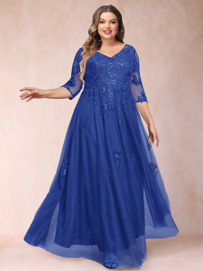 Robe de Mère de la Mariée Grande Taille Coupe A-Line/Princess Col En V Manches 3/4 avec Appliques et Paillettes