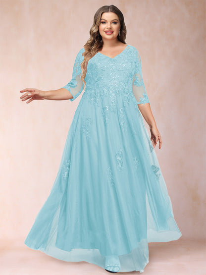 Robe de Mère de la Mariée Grande Taille Coupe A-Line/Princess Col En V Manches 3/4 avec Appliques et Paillettes