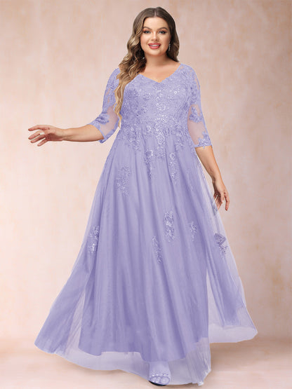 Robe de Mère de la Mariée Grande Taille Coupe A-Line/Princess Col En V Manches 3/4 avec Appliques et Paillettes
