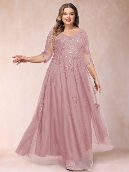 Robe de Mère de la Mariée Grande Taille Coupe A-Line/Princess Col En V Manches 3/4 avec Appliques et Paillettes