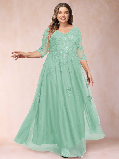 Robe de Mère de la Mariée Grande Taille Coupe A-Line/Princess Col En V Manches 3/4 avec Appliques et Paillettes