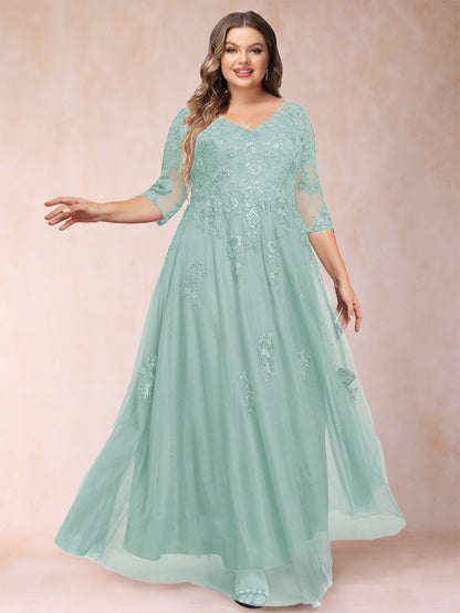 Robe de Mère de la Mariée Grande Taille Coupe A-Line/Princess Col En V Manches 3/4 avec Appliques et Paillettes