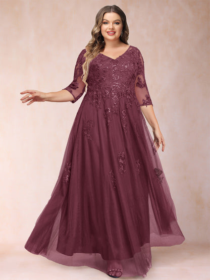 Robe de Mère de la Mariée Grande Taille Coupe A-Line/Princess Col En V Manches 3/4 avec Appliques et Paillettes