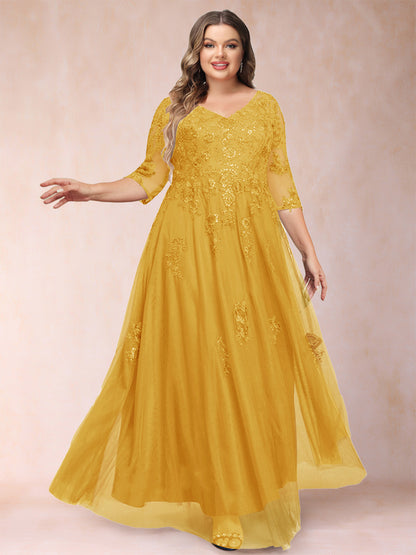 Robe de Mère de la Mariée Grande Taille Coupe A-Line/Princess Col En V Manches 3/4 avec Appliques et Paillettes