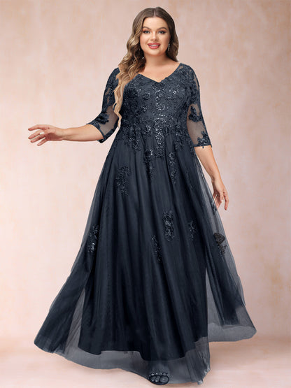 Robe de Mère de la Mariée Grande Taille Coupe A-Line/Princess Col En V Manches 3/4 avec Appliques et Paillettes