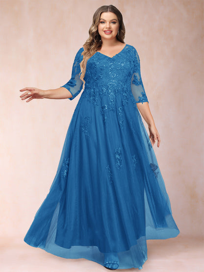 Robe de Mère de la Mariée Grande Taille Coupe A-Line/Princess Col En V Manches 3/4 avec Appliques et Paillettes