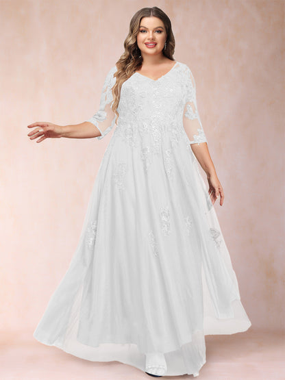 Robe de Mère de la Mariée Grande Taille Coupe A-Line/Princess Col En V Manches 3/4 avec Appliques et Paillettes