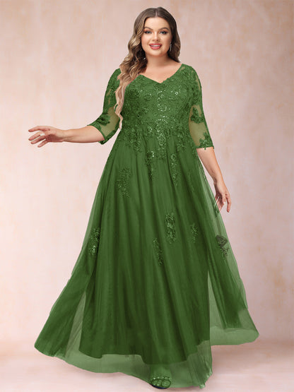 Robe de Mère de la Mariée Grande Taille Coupe A-Line/Princess Col En V Manches 3/4 avec Appliques et Paillettes
