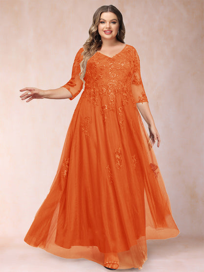 Robe de Mère de la Mariée Grande Taille Coupe A-Line/Princess Col En V Manches 3/4 avec Appliques et Paillettes