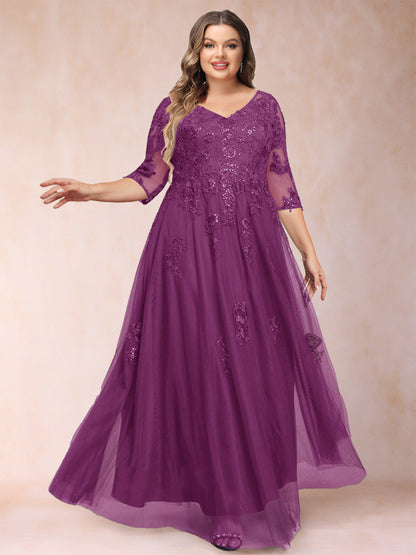 Robe de Mère de la Mariée Grande Taille Coupe A-Line/Princess Col En V Manches 3/4 avec Appliques et Paillettes