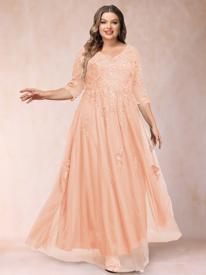 Robe de Mère de la Mariée Grande Taille Coupe A-Line/Princess Col En V Manches 3/4 avec Appliques et Paillettes