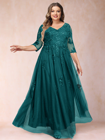 Robe de Mère de la Mariée Grande Taille Coupe A-Line/Princess Col En V Manches 3/4 avec Appliques et Paillettes