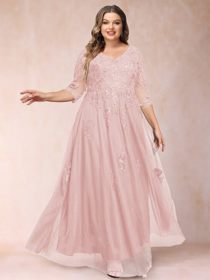 Robe de Mère de la Mariée Grande Taille Coupe A-Line/Princess Col En V Manches 3/4 avec Appliques et Paillettes