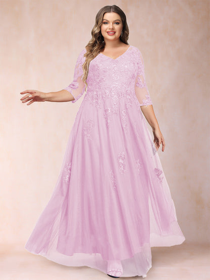 Robe de Mère de la Mariée Grande Taille Coupe A-Line/Princess Col En V Manches 3/4 avec Appliques et Paillettes