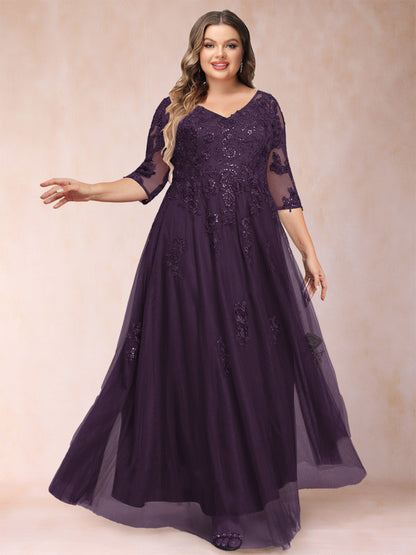 Robe de Mère de la Mariée Grande Taille Coupe A-Line/Princess Col En V Manches 3/4 avec Appliques et Paillettes